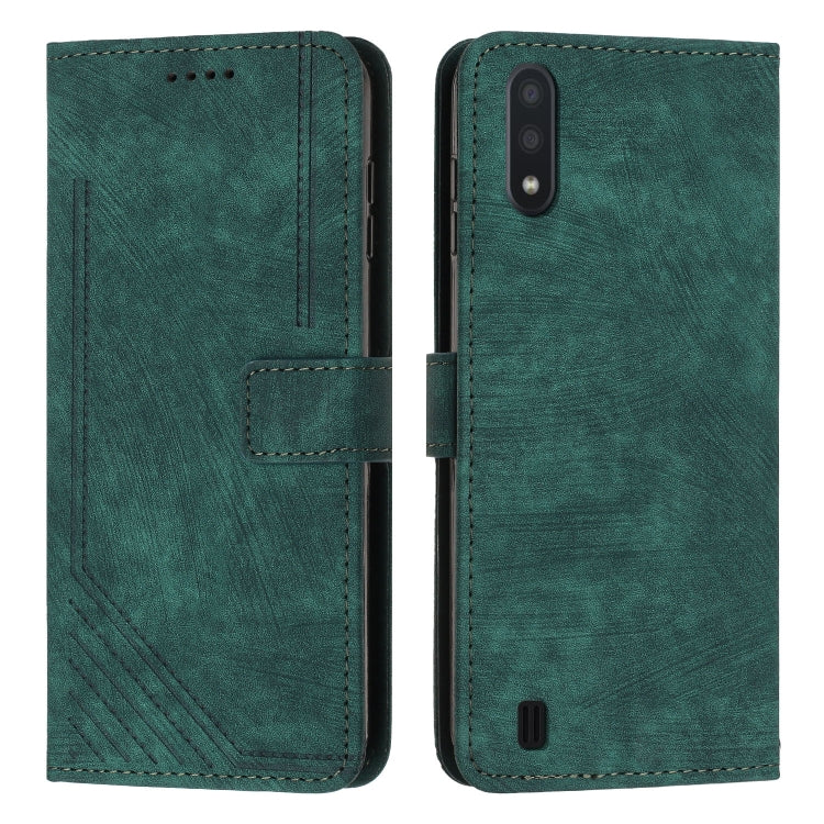 For Samsung Galaxy A10 / M10 Skin Feel Stripe Pattern Leather Phone Case with Lanyard