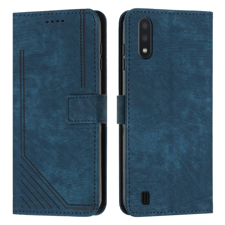 For Samsung Galaxy A10 / M10 Skin Feel Stripe Pattern Leather Phone Case with Lanyard