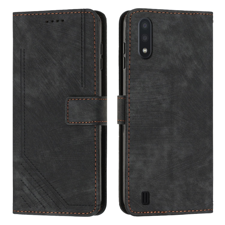 For Samsung Galaxy A10 / M10 Skin Feel Stripe Pattern Leather Phone Case with Lanyard