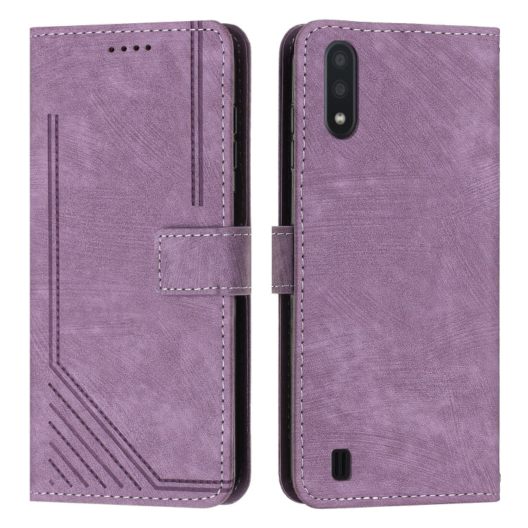For Samsung Galaxy A10 / M10 Skin Feel Stripe Pattern Leather Phone Case with Lanyard