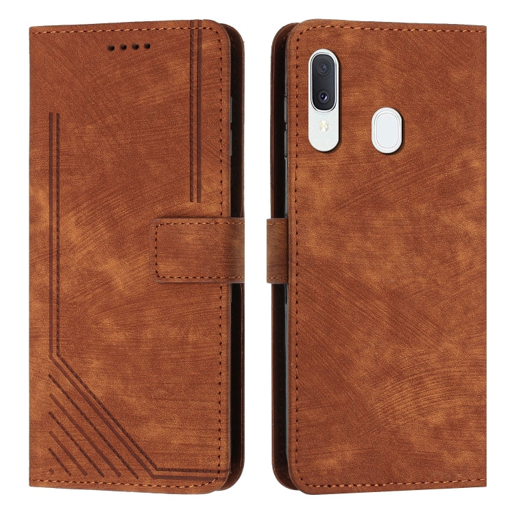 For Samsung Galaxy A20 / A30 / M10s Skin Feel Stripe Pattern Leather Phone Case with Lanyard