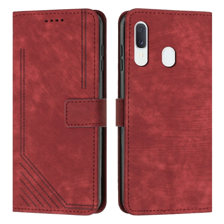For Samsung Galaxy A20 / A30 / M10s Skin Feel Stripe Pattern Leather Phone Case with Lanyard