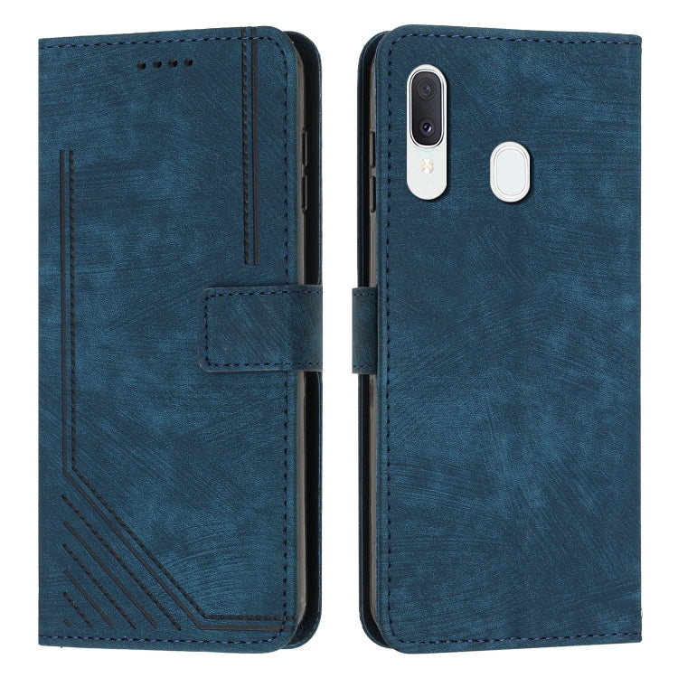 For Samsung Galaxy A20 / A30 / M10s Skin Feel Stripe Pattern Leather Phone Case with Lanyard