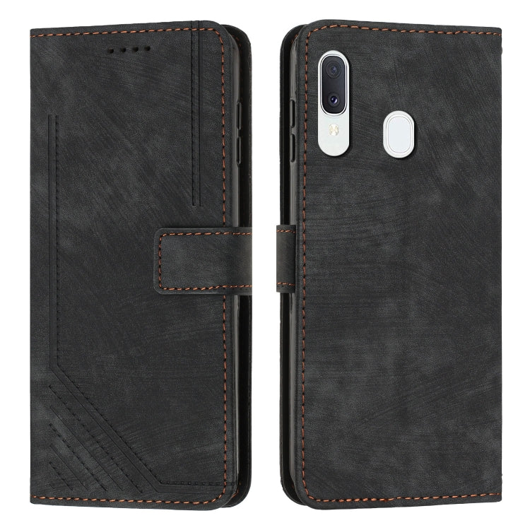 For Samsung Galaxy A20 / A30 / M10s Skin Feel Stripe Pattern Leather Phone Case with Lanyard