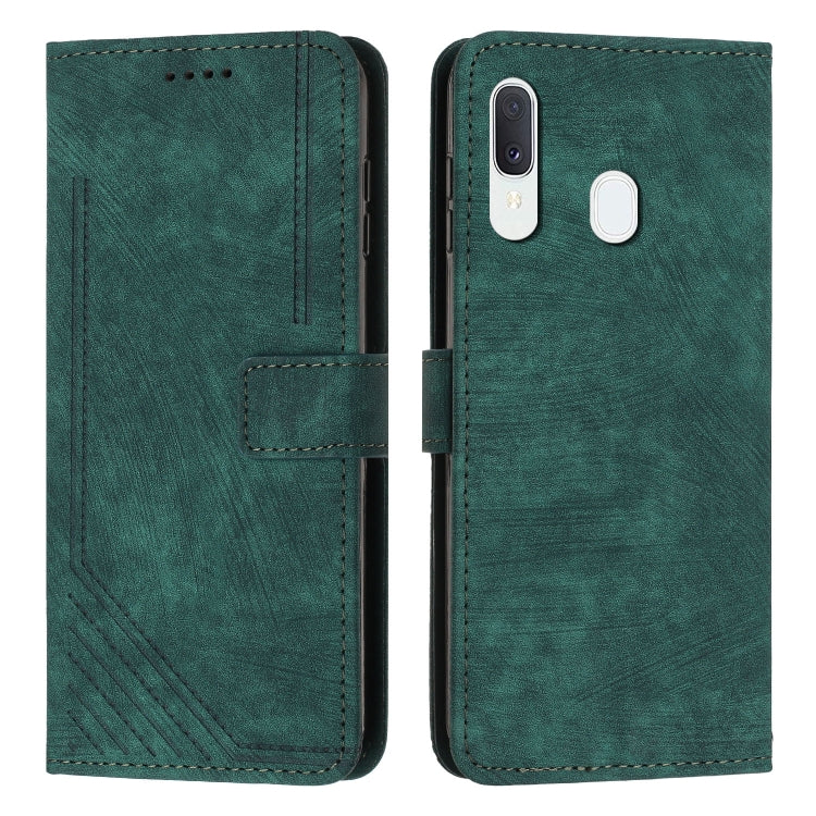For Samsung Galaxy A20e Skin Feel Stripe Pattern Leather Phone Case with Lanyard