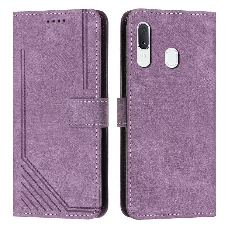 For Samsung Galaxy A20e Skin Feel Stripe Pattern Leather Phone Case with Lanyard