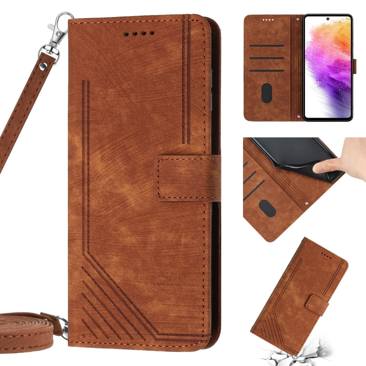 For Samsung Galaxy A21s Skin Feel Stripe Pattern Leather Phone Case with Lanyard