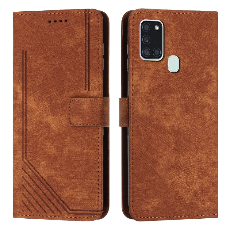 For Samsung Galaxy A21s Skin Feel Stripe Pattern Leather Phone Case with Lanyard