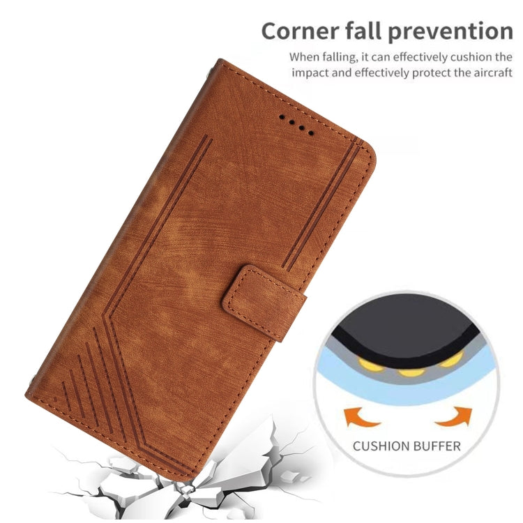 For Samsung Galaxy A21s Skin Feel Stripe Pattern Leather Phone Case with Lanyard