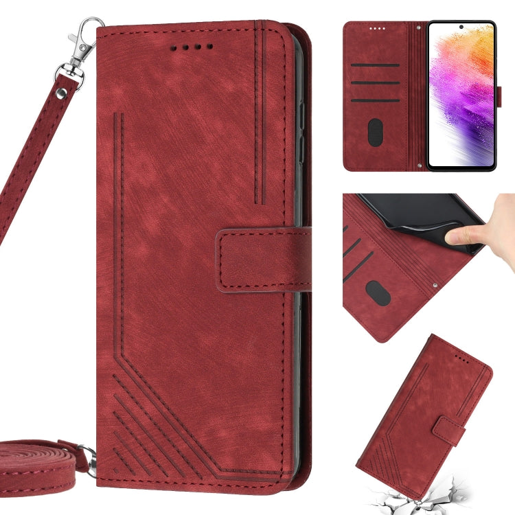 For Samsung Galaxy A21s Skin Feel Stripe Pattern Leather Phone Case with Lanyard