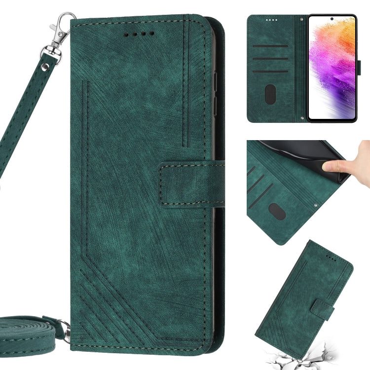 For Samsung Galaxy A21s Skin Feel Stripe Pattern Leather Phone Case with Lanyard