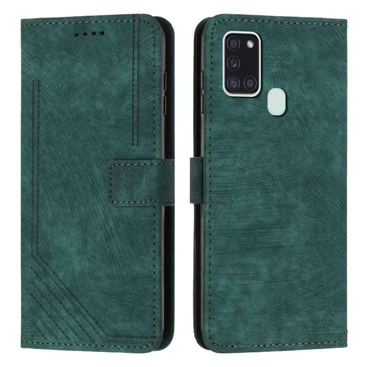 For Samsung Galaxy A21s Skin Feel Stripe Pattern Leather Phone Case with Lanyard