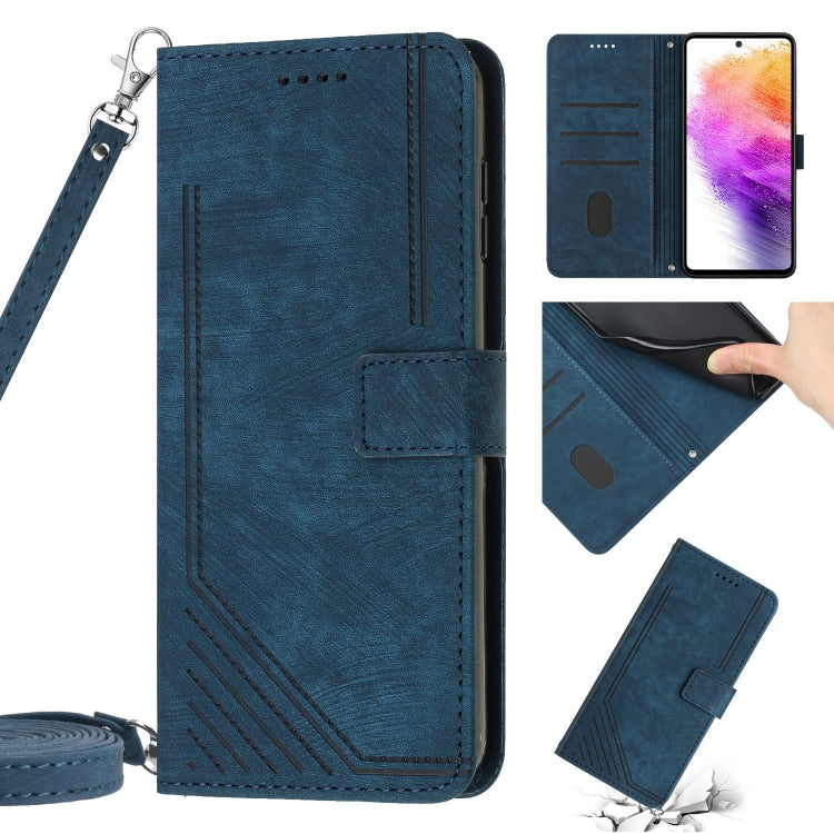 For Samsung Galaxy A21s Skin Feel Stripe Pattern Leather Phone Case with Lanyard