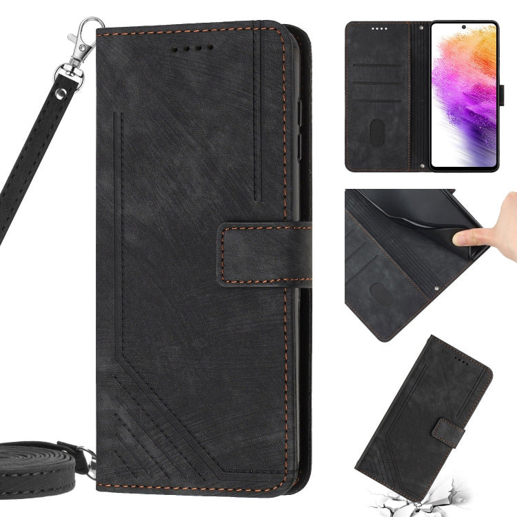 For Samsung Galaxy A21s Skin Feel Stripe Pattern Leather Phone Case with Lanyard