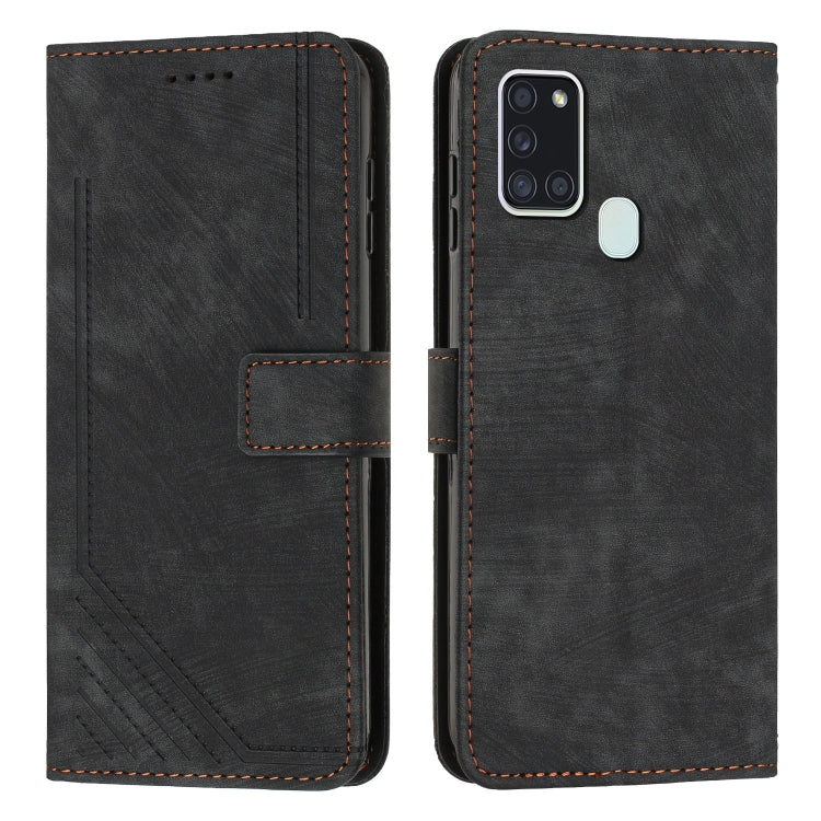 For Samsung Galaxy A21s Skin Feel Stripe Pattern Leather Phone Case with Lanyard