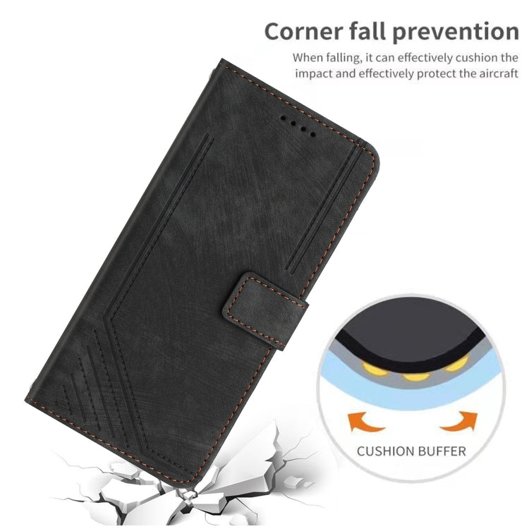 For Samsung Galaxy A21s Skin Feel Stripe Pattern Leather Phone Case with Lanyard