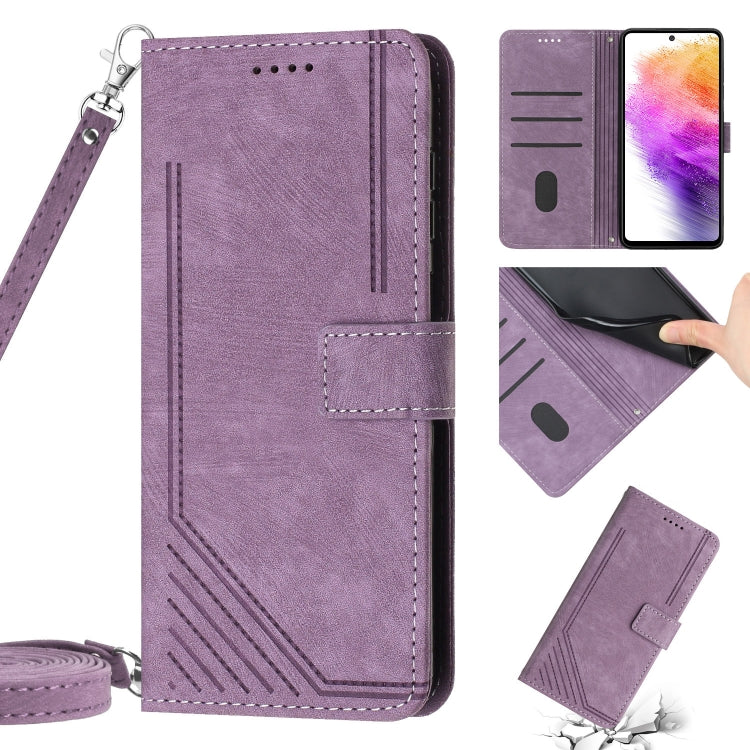 For Samsung Galaxy A21s Skin Feel Stripe Pattern Leather Phone Case with Lanyard
