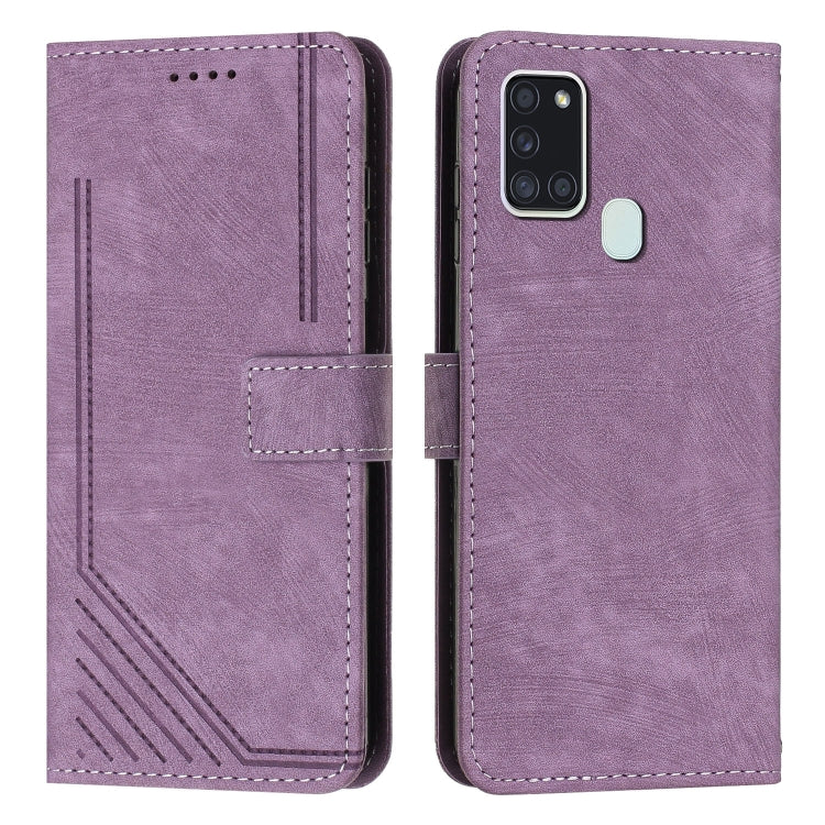 For Samsung Galaxy A21s Skin Feel Stripe Pattern Leather Phone Case with Lanyard