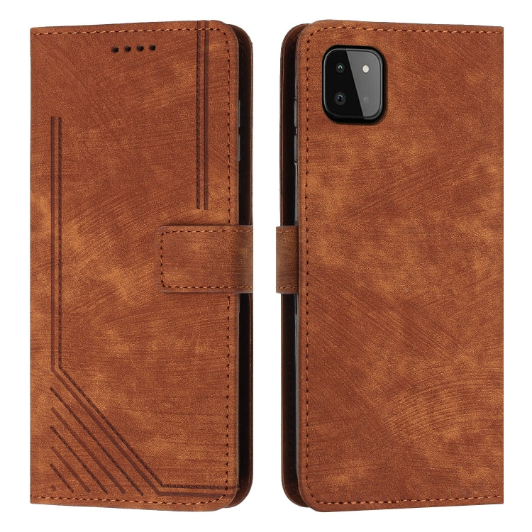 For Samsung Galaxy A22 5G Skin Feel Stripe Pattern Leather Phone Case with Lanyard