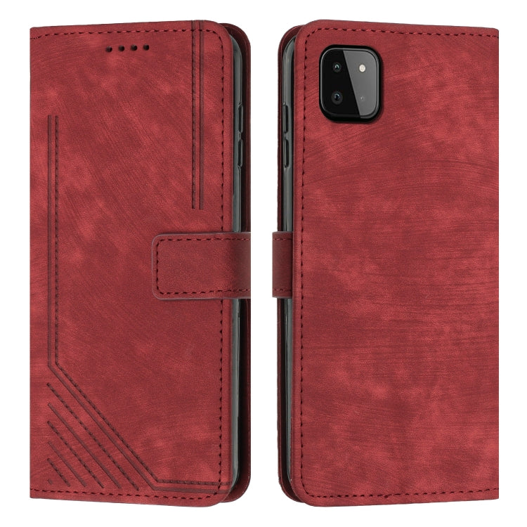 For Samsung Galaxy A22 5G Skin Feel Stripe Pattern Leather Phone Case with Lanyard