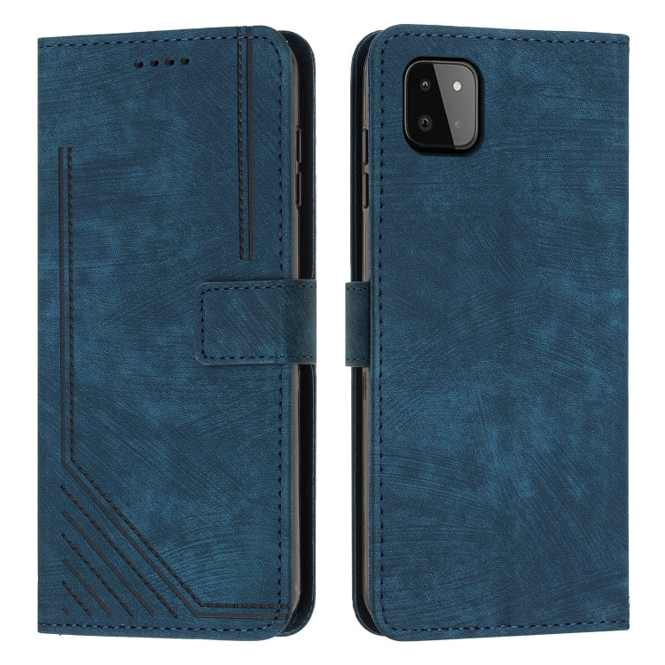 For Samsung Galaxy A22 5G Skin Feel Stripe Pattern Leather Phone Case with Lanyard