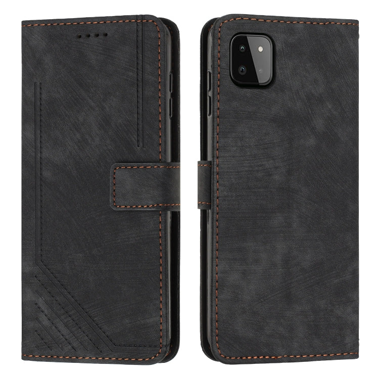 For Samsung Galaxy A22 5G Skin Feel Stripe Pattern Leather Phone Case with Lanyard