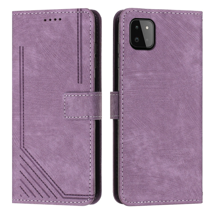 For Samsung Galaxy A22 5G Skin Feel Stripe Pattern Leather Phone Case with Lanyard