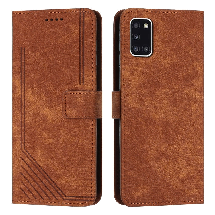 For Samsung Galaxy A31 Skin Feel Stripe Pattern Leather Phone Case with Lanyard