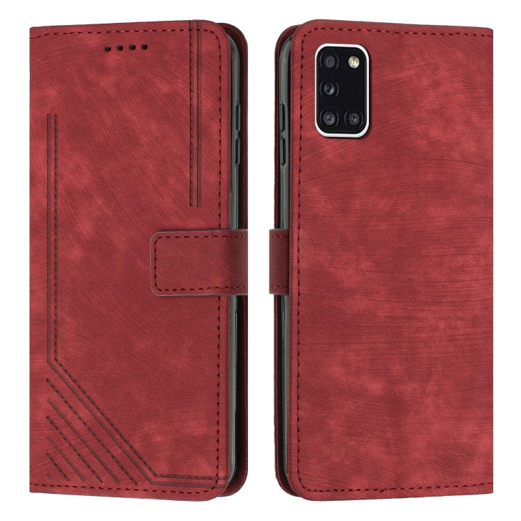 For Samsung Galaxy A31 Skin Feel Stripe Pattern Leather Phone Case with Lanyard