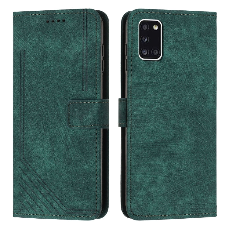 For Samsung Galaxy A31 Skin Feel Stripe Pattern Leather Phone Case with Lanyard