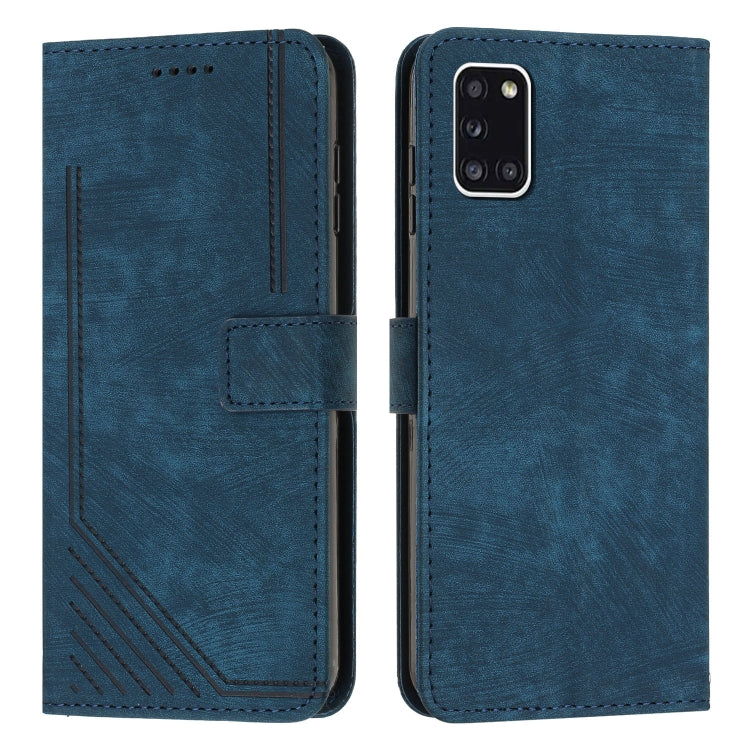 For Samsung Galaxy A31 Skin Feel Stripe Pattern Leather Phone Case with Lanyard