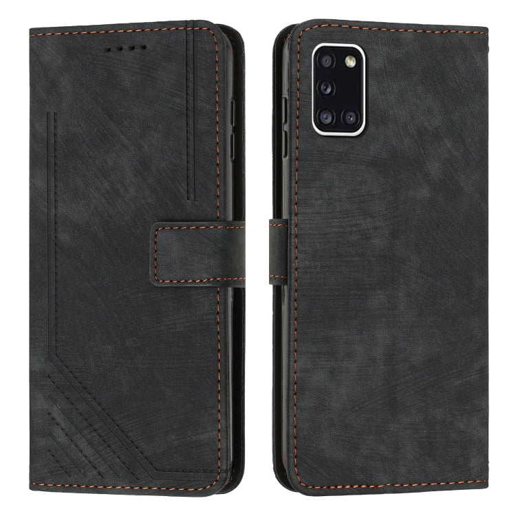 For Samsung Galaxy A31 Skin Feel Stripe Pattern Leather Phone Case with Lanyard