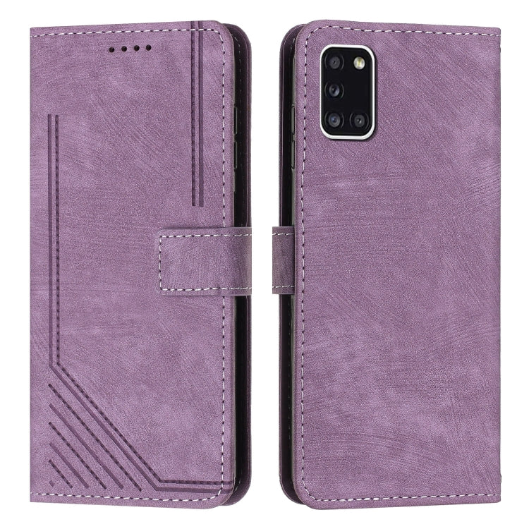For Samsung Galaxy A31 Skin Feel Stripe Pattern Leather Phone Case with Lanyard