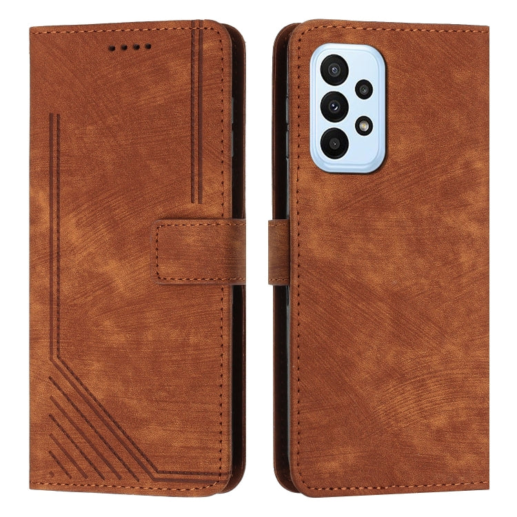 For Samsung Galaxy A32 4G Skin Feel Stripe Pattern Leather Phone Case with Lanyard