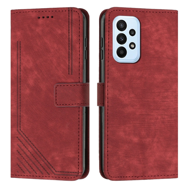 For Samsung Galaxy A32 4G Skin Feel Stripe Pattern Leather Phone Case with Lanyard
