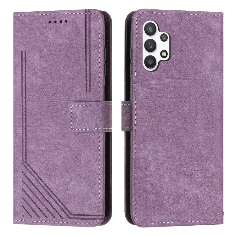 For Samsung Galaxy A32 5G / M32 5G Skin Feel Stripe Pattern Leather Phone Case with Lanyard