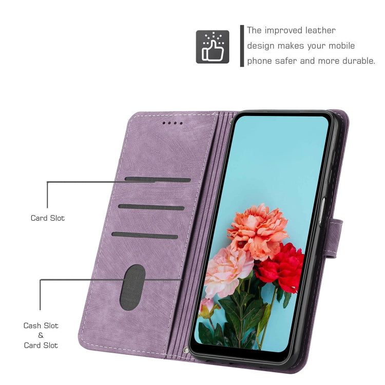 For Samsung Galaxy A32 5G / M32 5G Skin Feel Stripe Pattern Leather Phone Case with Lanyard