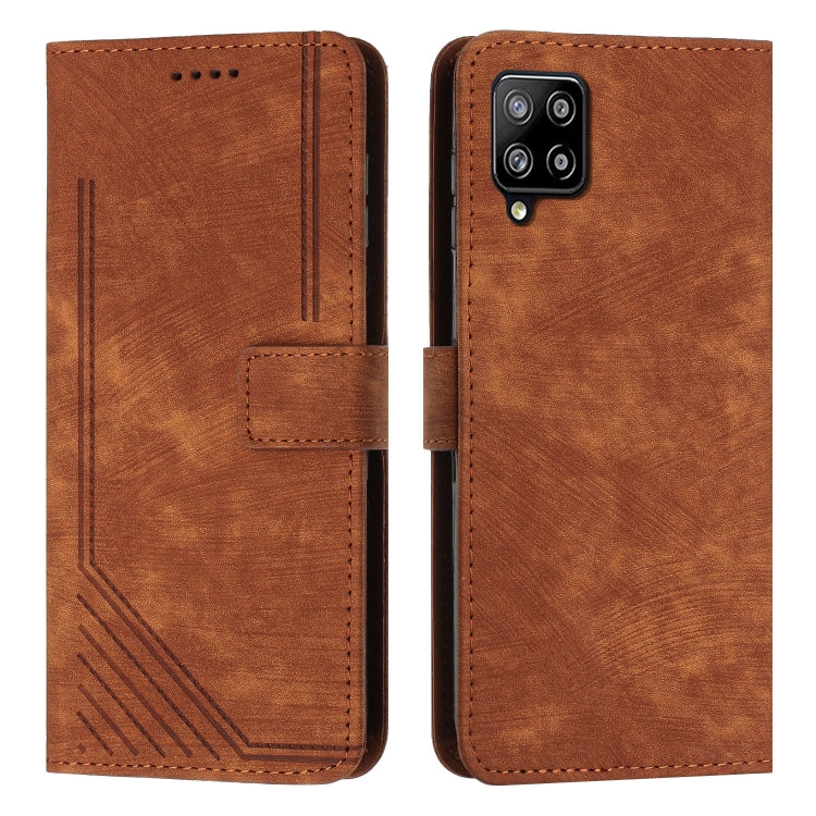 For Samsung Galaxy A42 5G / M42 5G Skin Feel Stripe Pattern Leather Phone Case with Lanyard