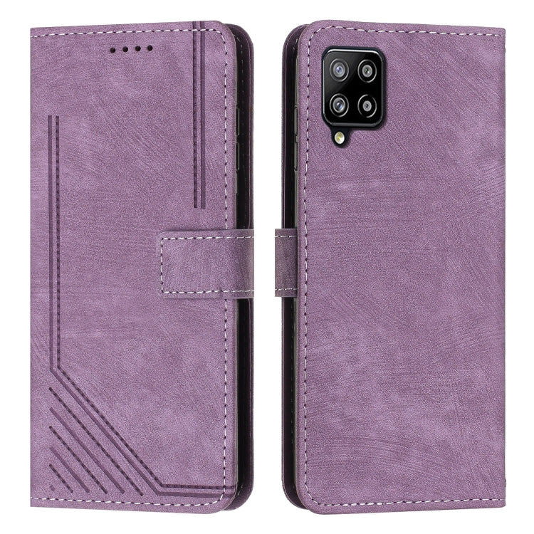 For Samsung Galaxy A42 5G / M42 5G Skin Feel Stripe Pattern Leather Phone Case with Lanyard
