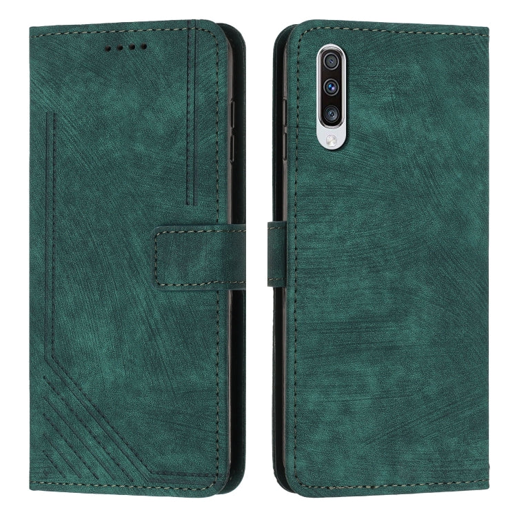 For Samsung Galaxy A50 / A30s / A50s Skin Feel Stripe Pattern Leather Phone Case with Lanyard