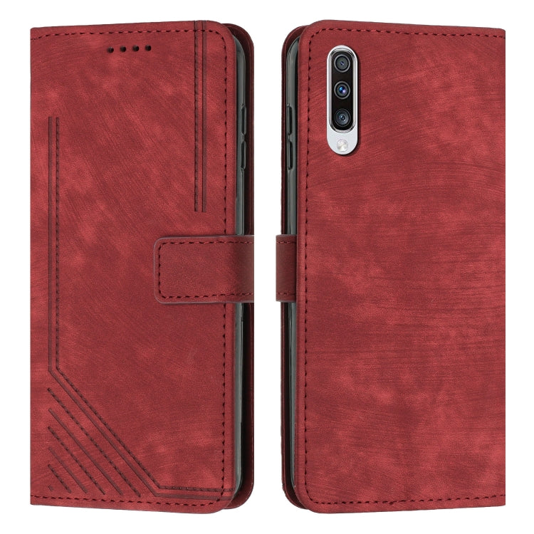 For Samsung Galaxy A70 Skin Feel Stripe Pattern Leather Phone Case with Lanyard