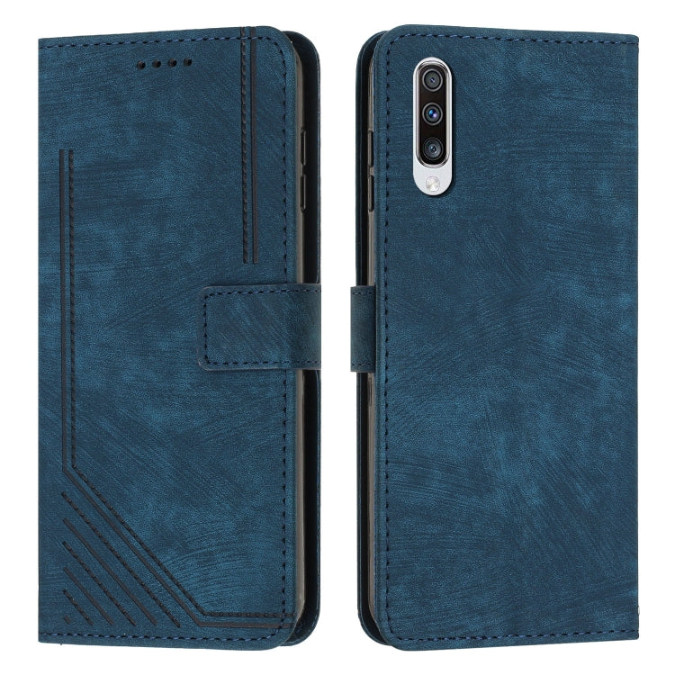 For Samsung Galaxy A70 Skin Feel Stripe Pattern Leather Phone Case with Lanyard