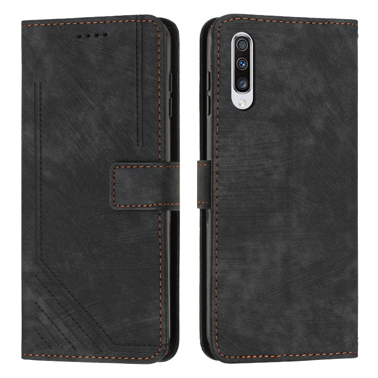 For Samsung Galaxy A70 Skin Feel Stripe Pattern Leather Phone Case with Lanyard