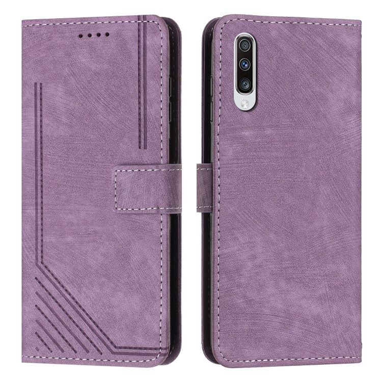 For Samsung Galaxy A70 Skin Feel Stripe Pattern Leather Phone Case with Lanyard