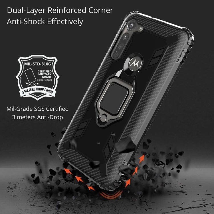 For Motorola Moto G8 Power Carbon Fiber Protective Case with 360 Degree Rotating Ring Holder