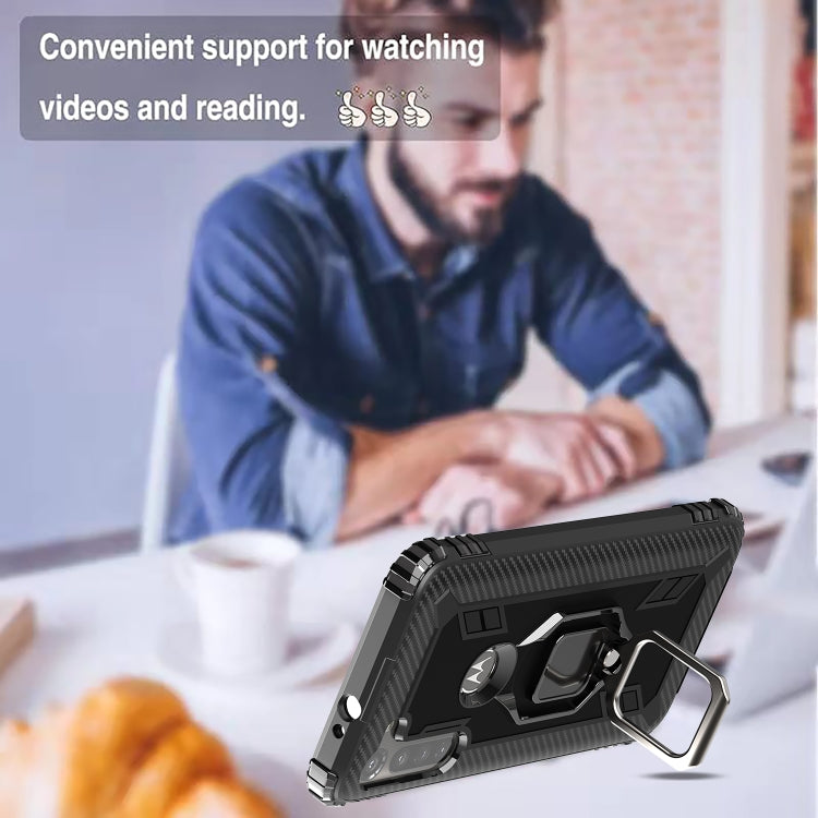 For Motorola Moto G8 Power Carbon Fiber Protective Case with 360 Degree Rotating Ring Holder
