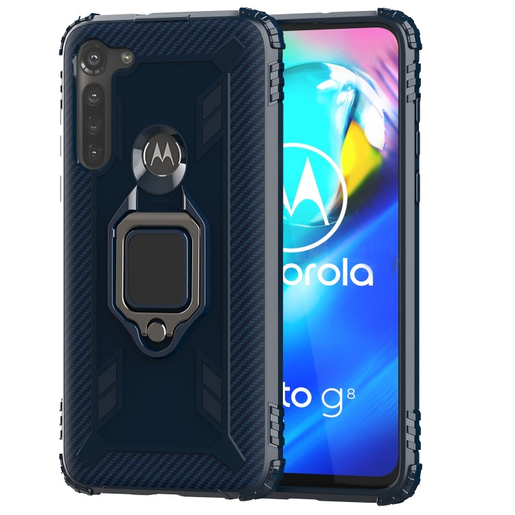 For Motorola Moto G8 Power Carbon Fiber Protective Case with 360 Degree Rotating Ring Holder