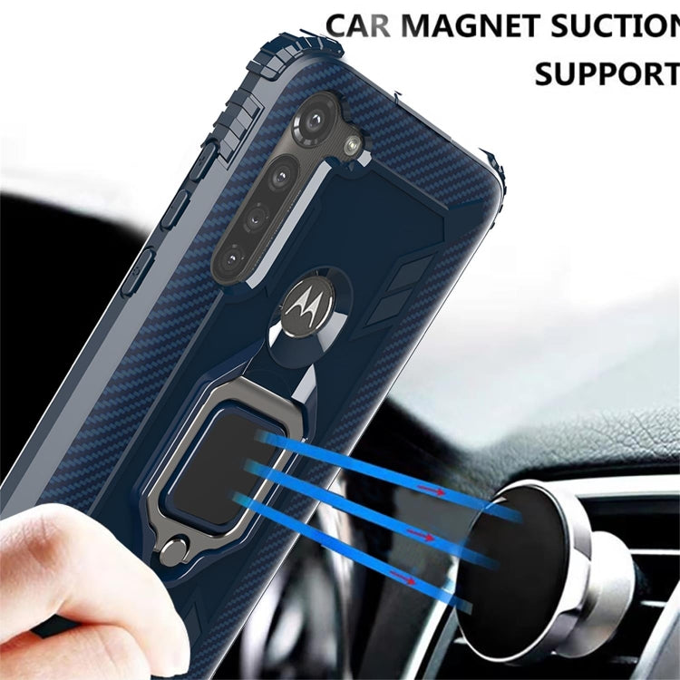For Motorola Moto G8 Power Carbon Fiber Protective Case with 360 Degree Rotating Ring Holder