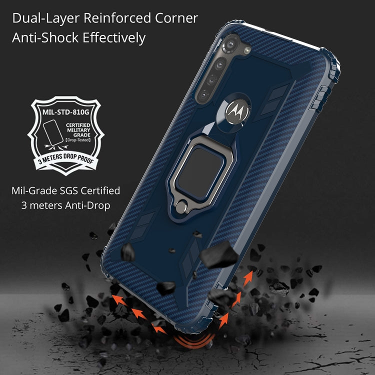 For Motorola Moto G8 Power Carbon Fiber Protective Case with 360 Degree Rotating Ring Holder
