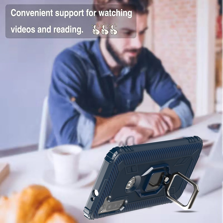 For Motorola Moto G8 Power Carbon Fiber Protective Case with 360 Degree Rotating Ring Holder